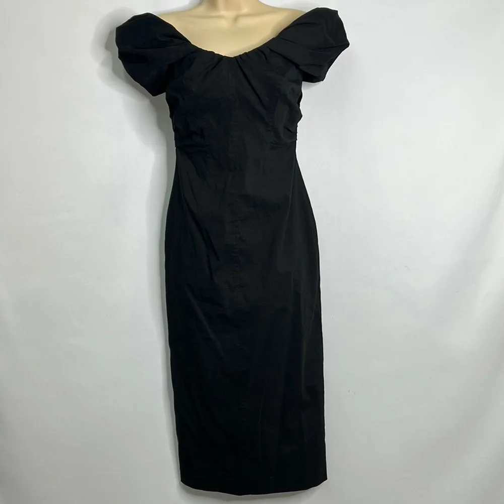 A.L.C Nora off shoulder linen ruffle ruched mid-calf little black dress - Picture 2 of 13